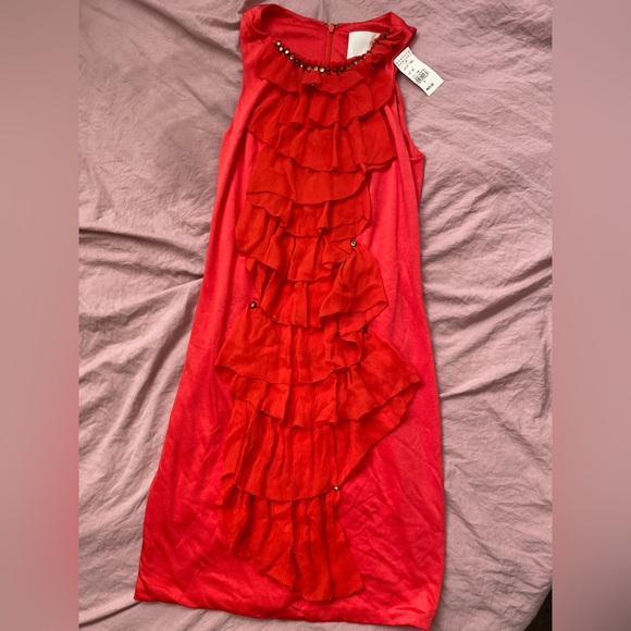 3.1 Phillip Lim Orange Stretch Knit Chiffon Ruffled Embellished Mini Dress - Picture 3 of 7